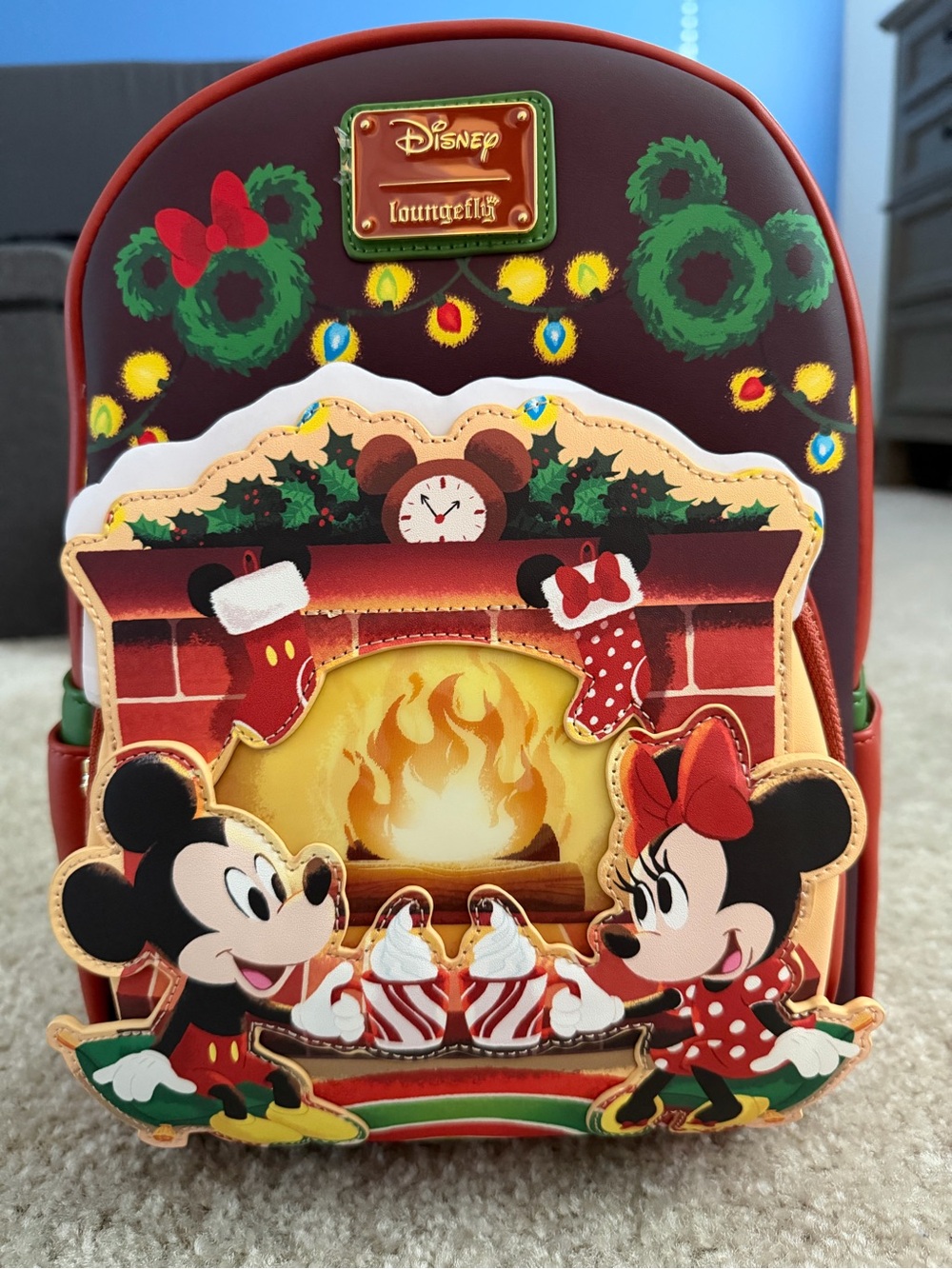 Loungefly Disney Burgundy Mickey & Minnie Holiday Fireplace Mini Backpack